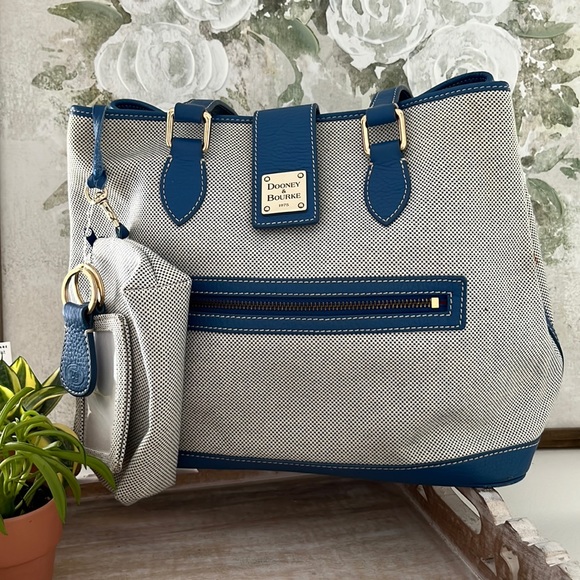 Dooney & Bourke Handbags - Dooney & Bourke Blue & White large Tweed bag with leather trim.